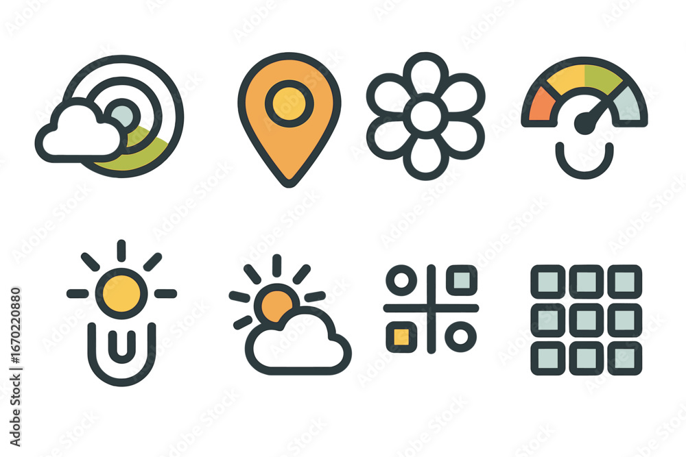 Poster vector outline icon set featuring diverse designs for weather, location, and user interface elements