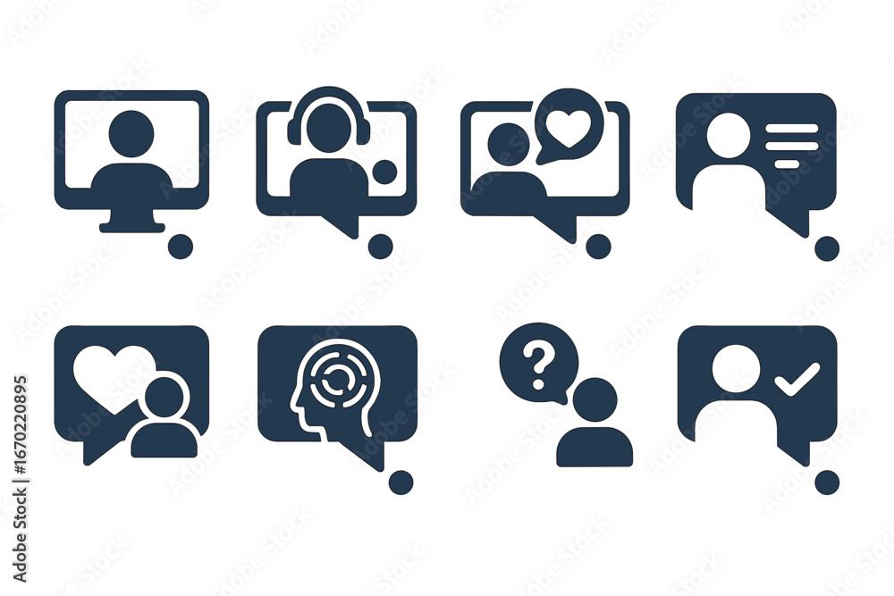 Poster vector outline icon set showcasing diverse communication and interaction symbols for digital and soc