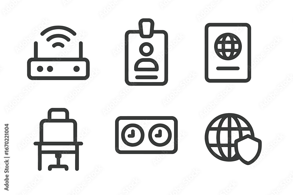 Poster vector outline icon set featuring essential elements of connectivity, identity, and global interacti