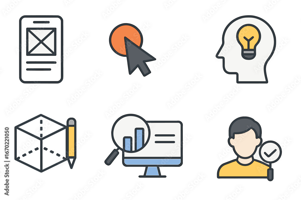 Poster vector outline icon set featuring technology, design, and analysis symbols ideal for digital creativ