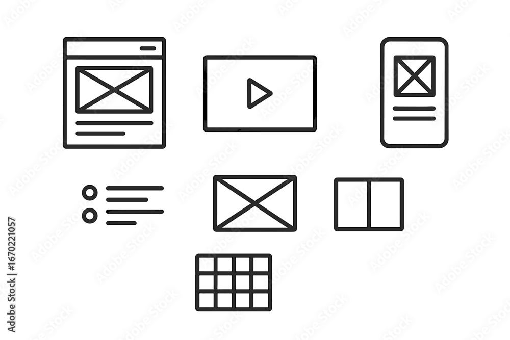 Poster vector outline icon set showcasing various digital media elements and interface structures in a clea