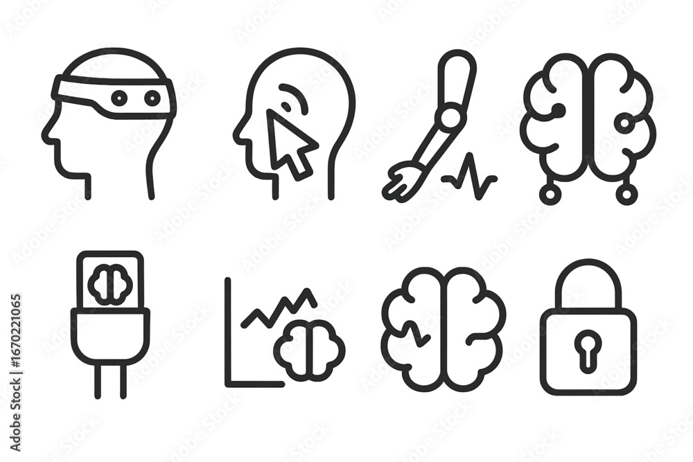 Poster collection of vector outline icons representing brain-computer interaction and cognitive technology 