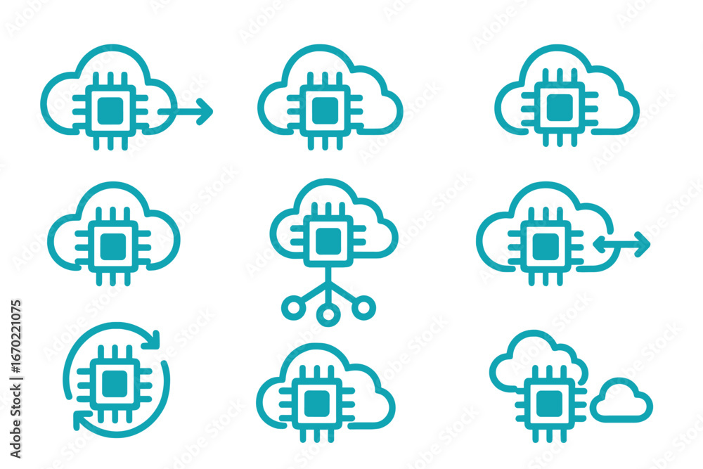 Poster vector outline icon set showcasing cloud computing concepts with microchip designs for digital techn