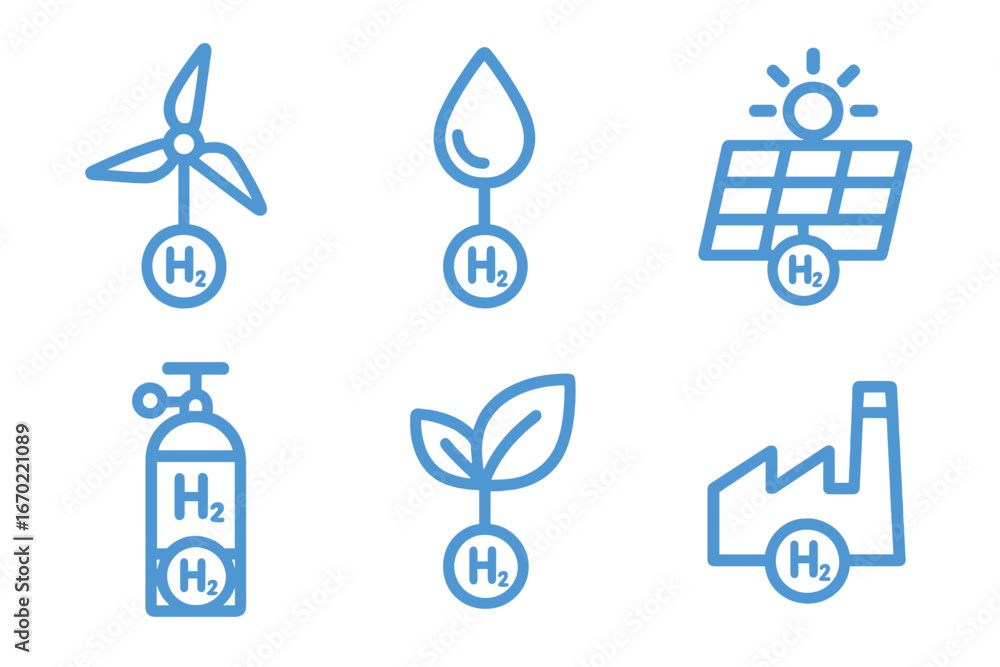 Poster vector outline icon set representing renewable energy sources and hydrogen technology concepts for s