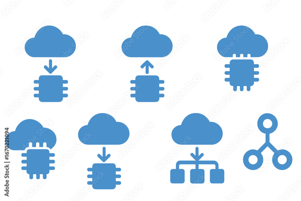 Poster vector outline icon set depicting cloud computing and data transfer activities in a modern digital e