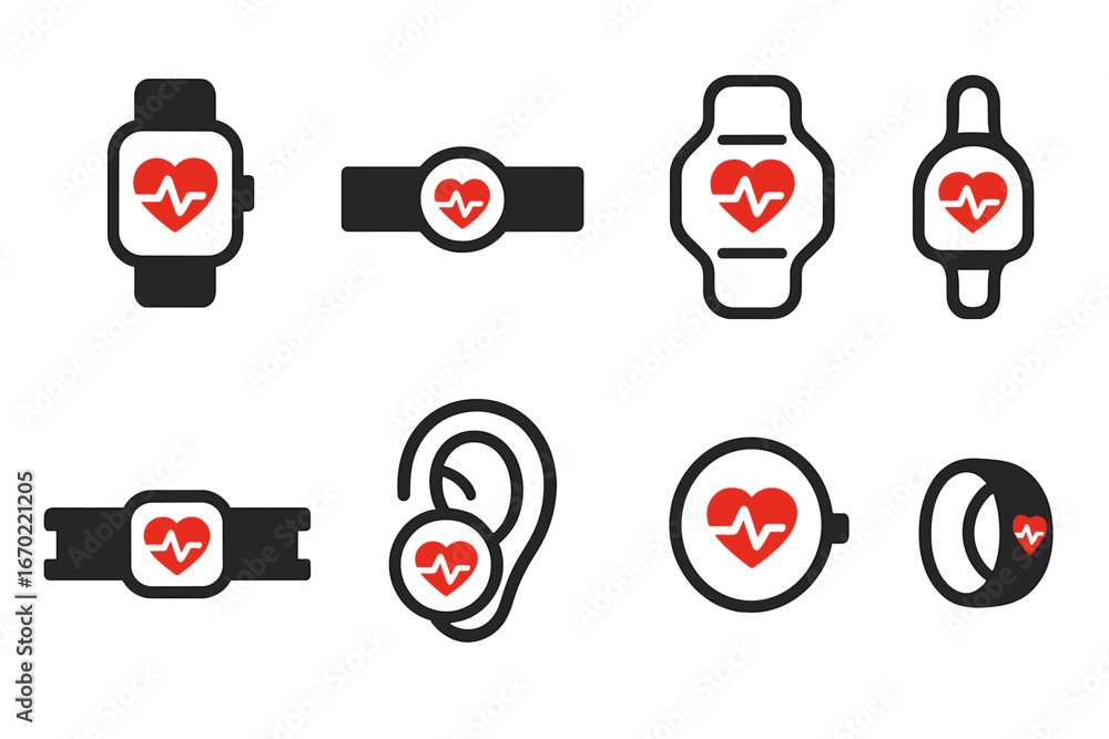 Aufkleber vector outline icon set showcasing various heart rate monitoring devices in a simple design