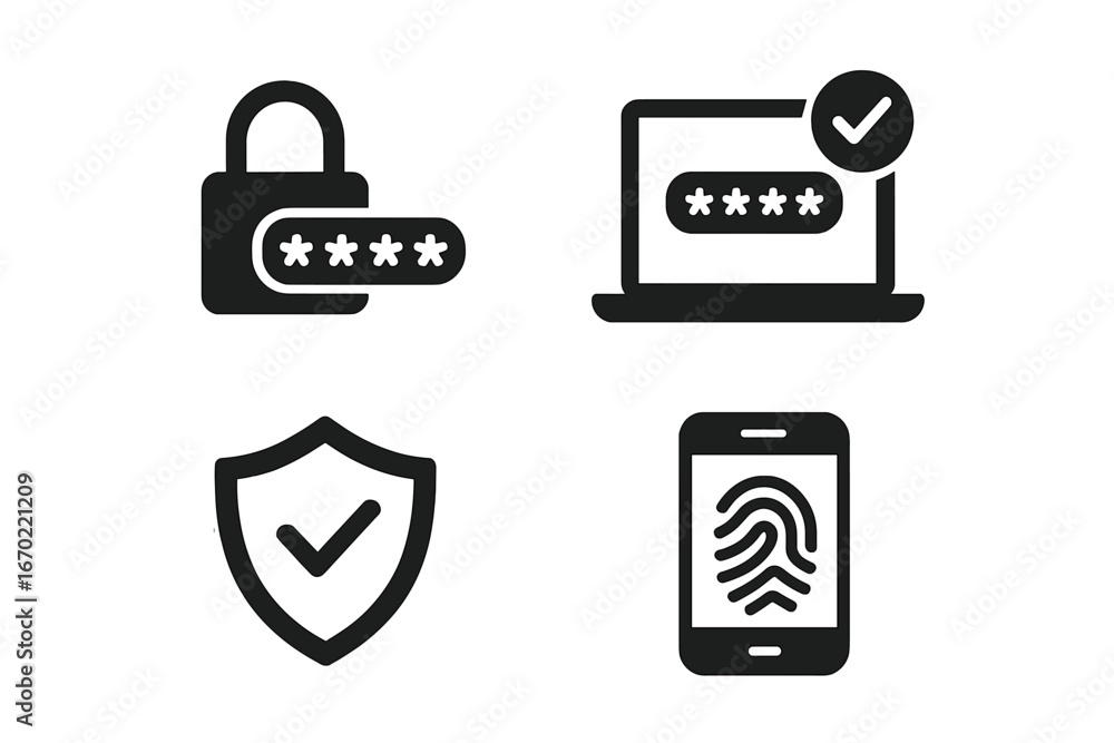 Poster vector outline icon set showcasing security concepts including password protection, authentication, 