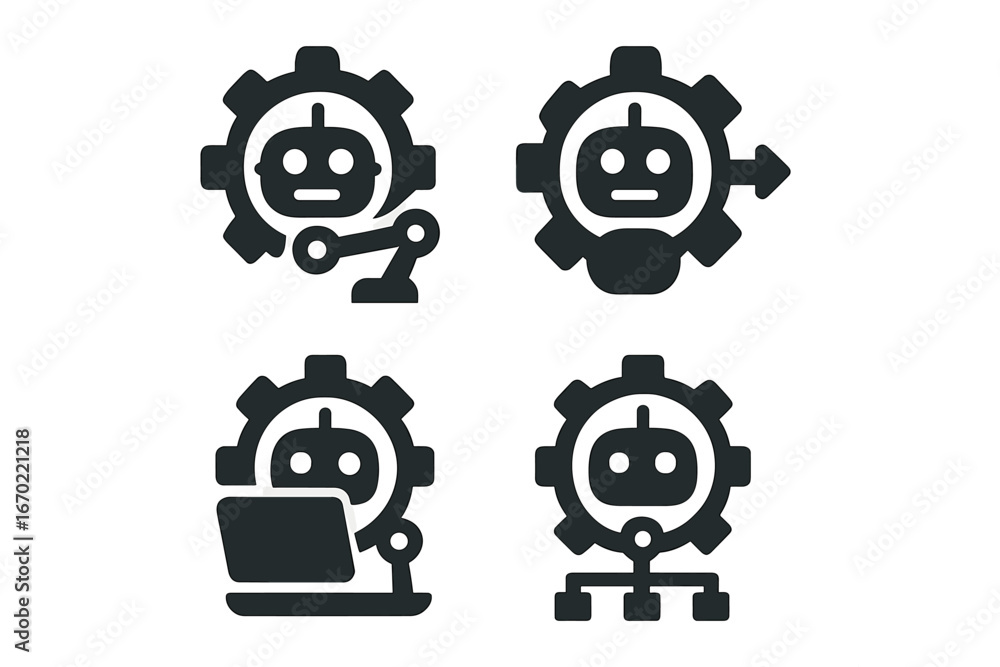 Poster vector outline icons depicting robotic elements for technology and automation related designs
