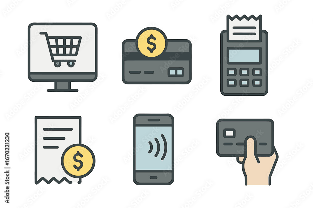 Poster vector outline icon set depicting e-commerce and payment methods for online shopping and transaction