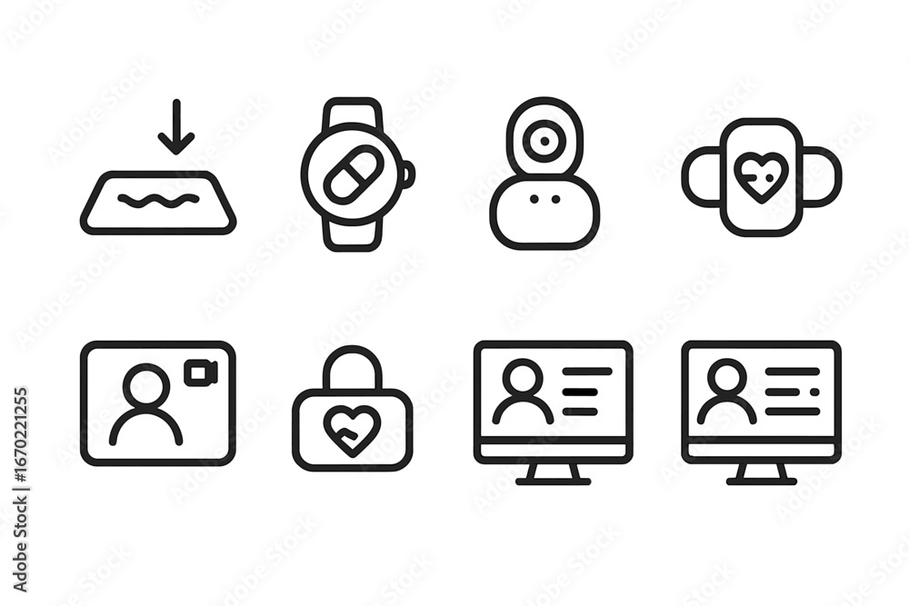Poster vector outline icon set features health monitoring elements, user engagement tools, and security sym