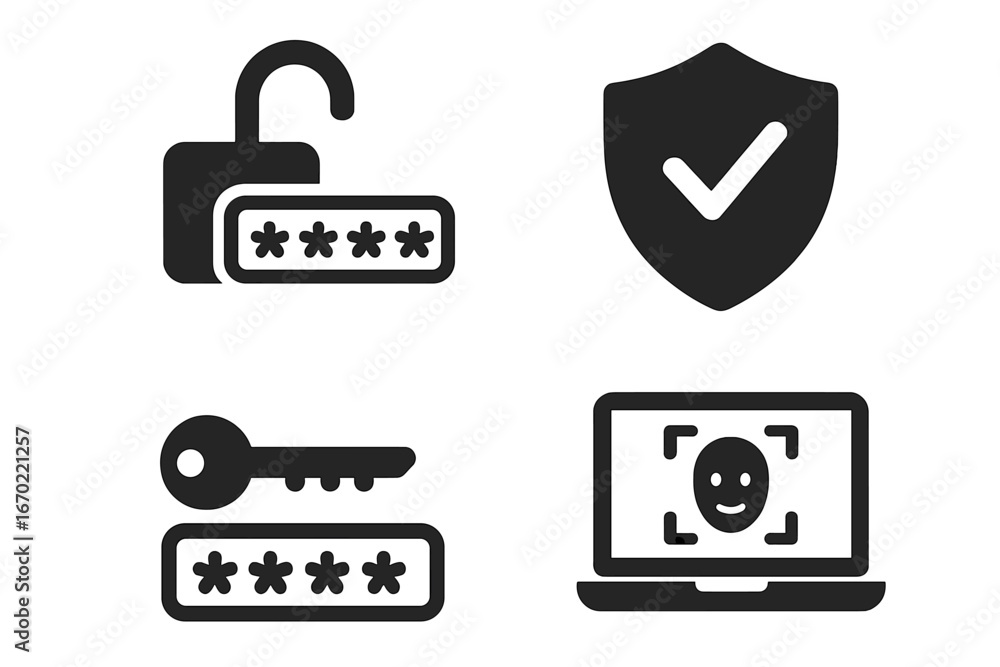 Poster vector outline icon set showcasing digital security concepts including password protection and ident