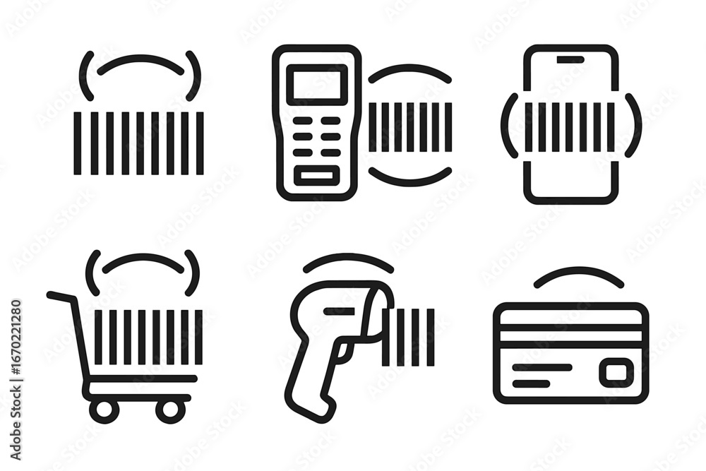 Poster vector outline icon set showcasing barcodes, scanners, and shopping related elements in a minimalist