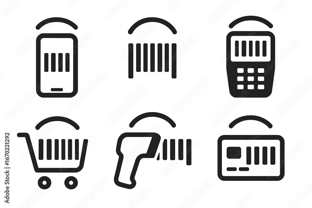 Poster vector outline icon set depicting various barcode scanning methods and devices for retail applicatio