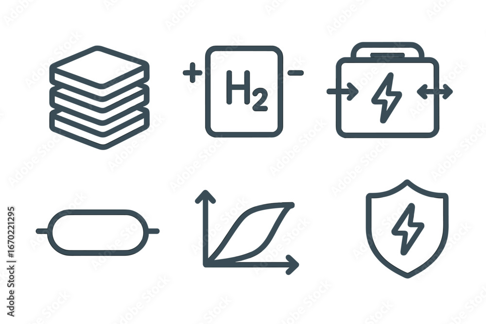 Poster vector outline icon set featuring various elements related to energy storage and management technolo