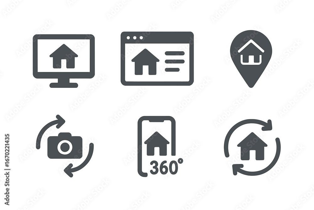 Poster vector outline icon set showcasing various home and property representation designs for digital and 