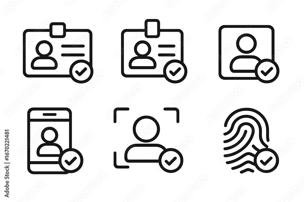Poster vector outline icon set featuring identification elements and verification symbols for security and 