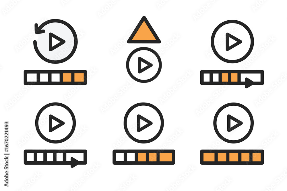 Poster vector outline icon set depicting playback controls for digital media applications in a minimalist d