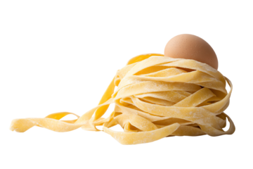 Fresh pasta nestled with a raw egg, showcasing the art of Italian cooking with vibrant colors and textures.