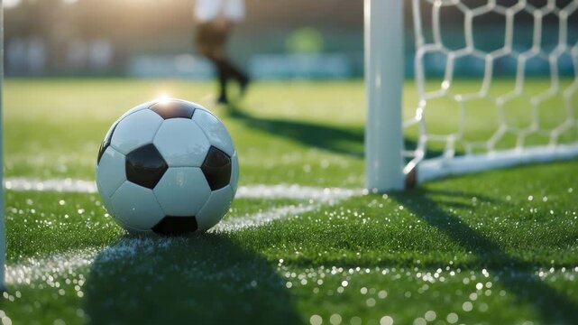 Soccer Ball Field Goal Net Player Grass Sunlight Outdoor Game Scene