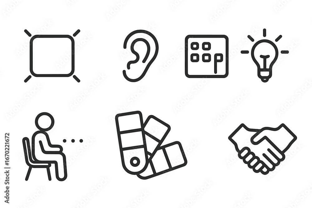 Poster collection of vector outline icons representing various concepts including listening, creativity, an