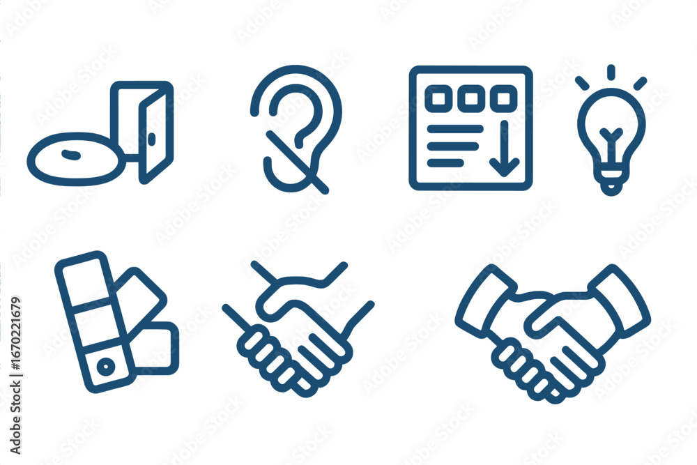 Poster icon set depicting various concepts including communication, idea generation, and collaboration in v