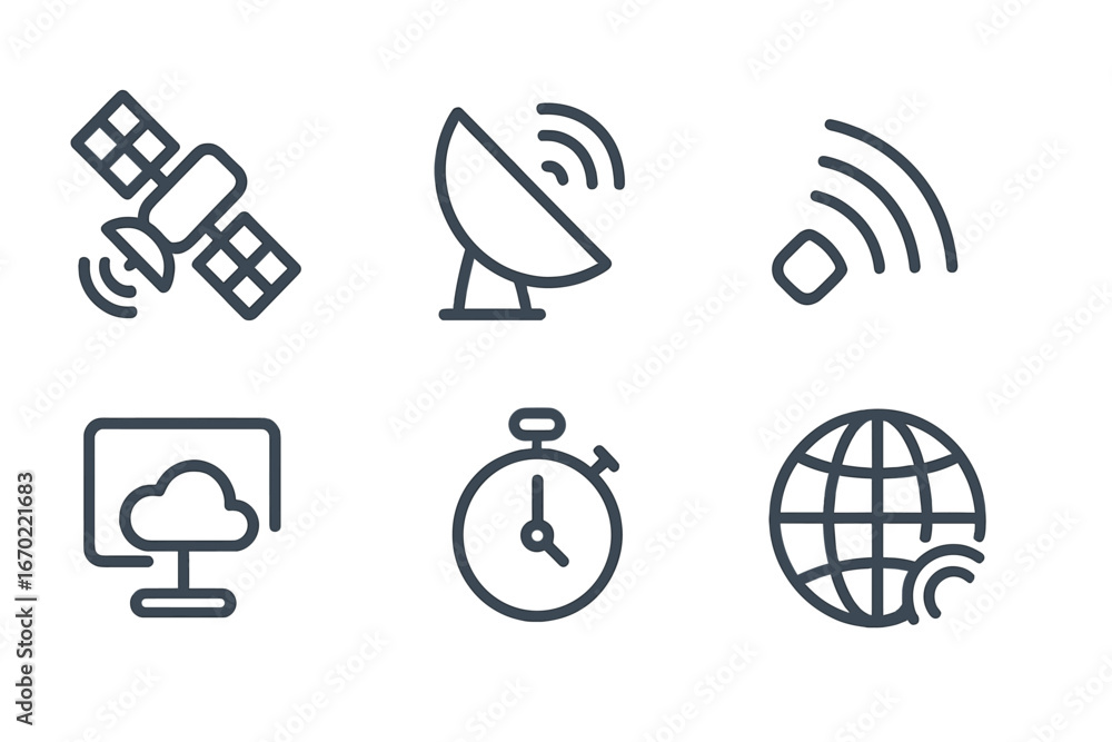 Poster vector outline icon set showcasing communication technology and media connections in a modern design