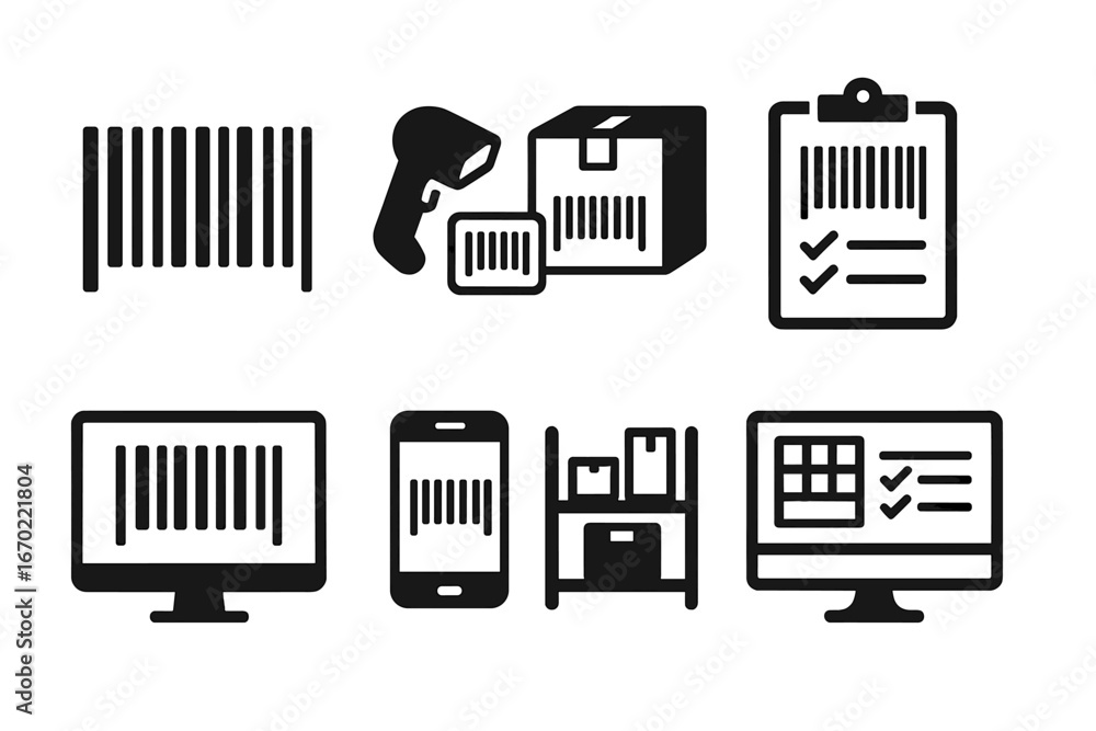 Poster vector outline icon set depicting barcode scanning and inventory management tools for retail and log