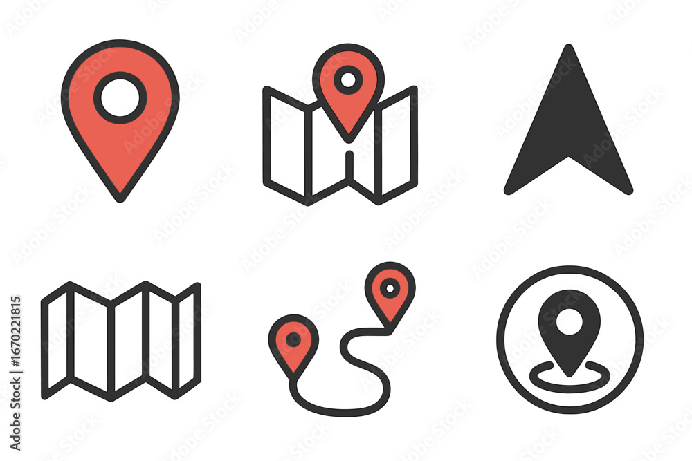 Poster exploring vector outline icons showcasing maps, location markers, and navigation tools for digital d