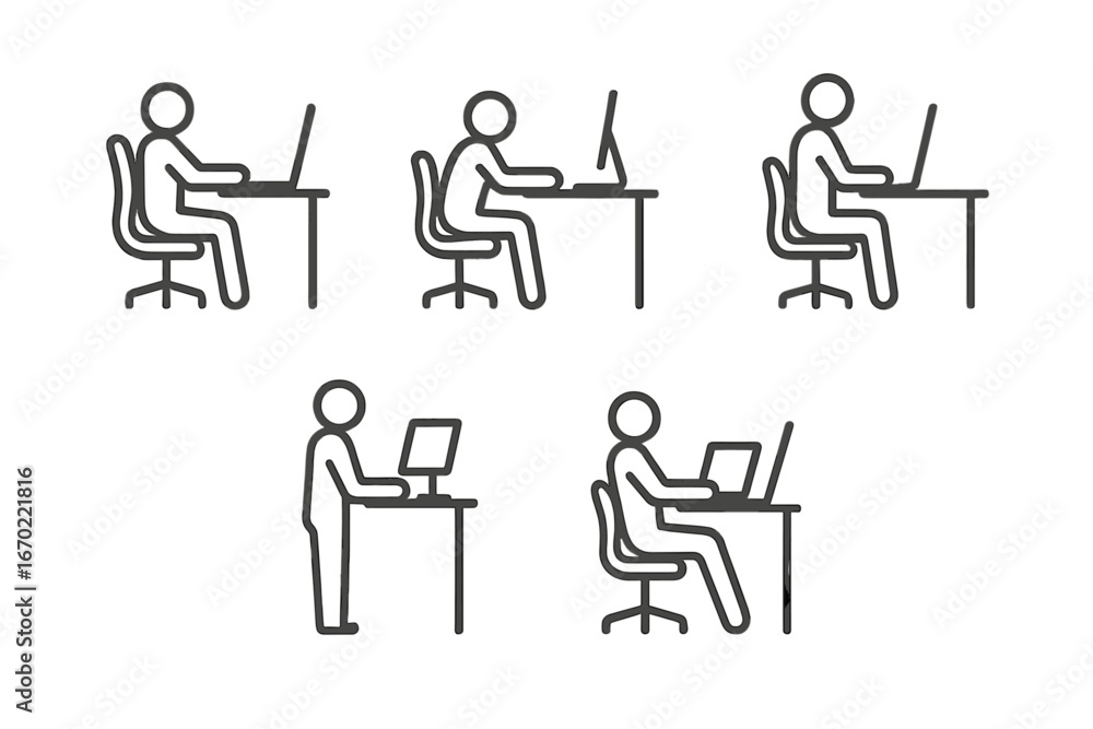 Poster vector outline icons representing various desk activities of individuals working on computers and us