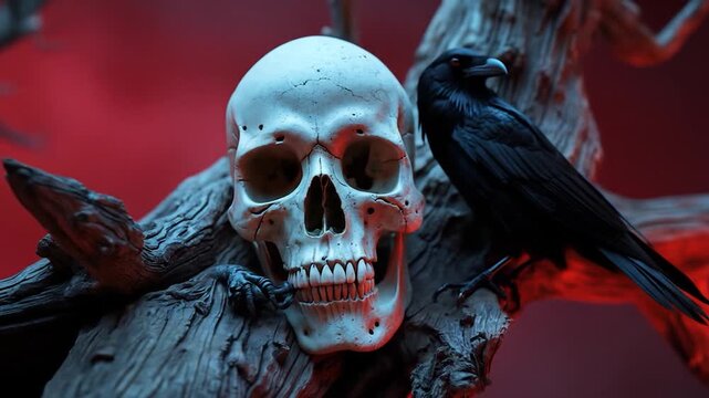Creepy Skull and Raven Perched on Branch with Red Background Video