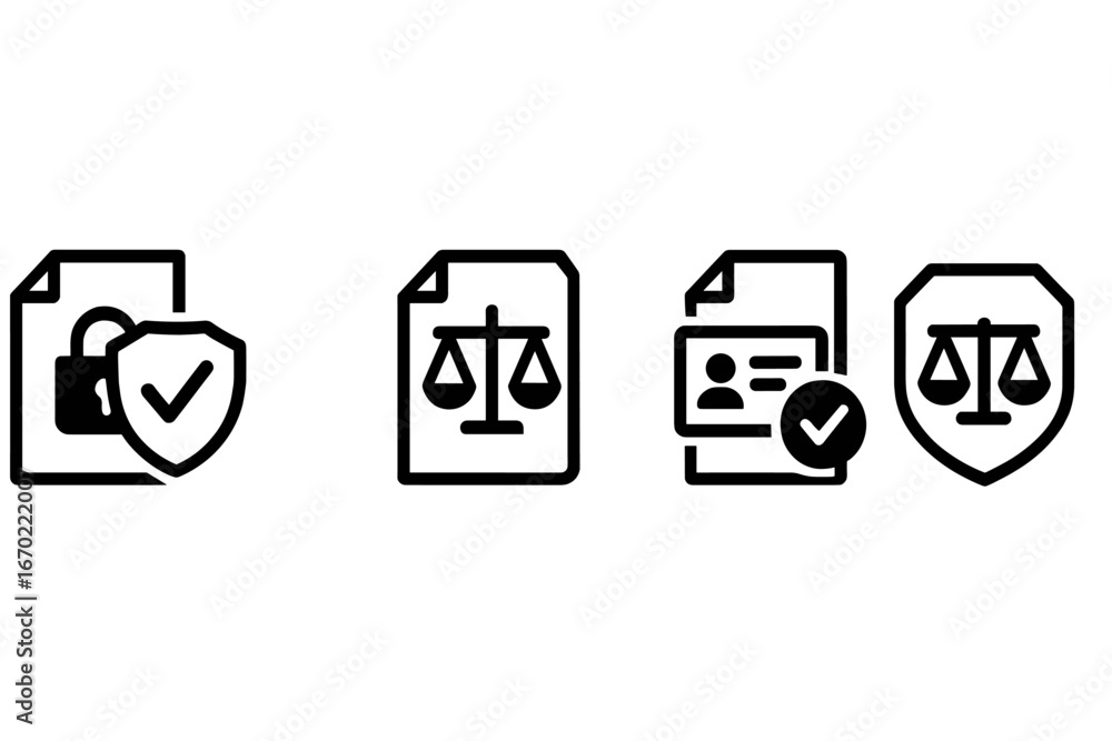 Poster vector outline icon set showcasing security, legal balance, and document validation concepts in a mo