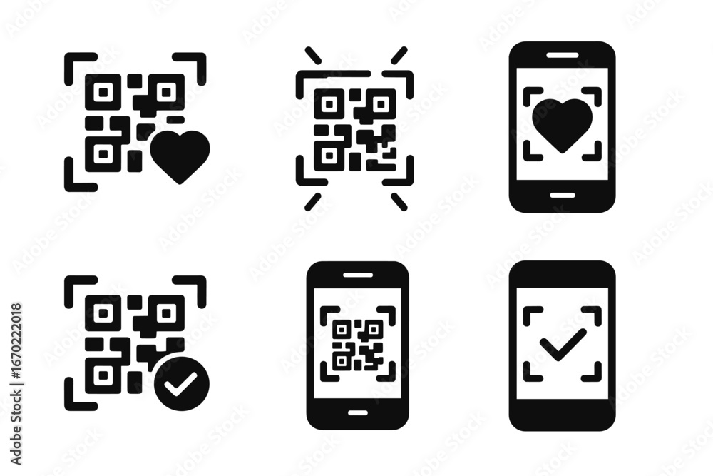 Poster vector outline icon set featuring qr codes and mobile devices for technology and digital communicati