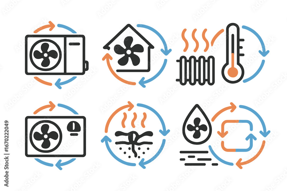 Poster vector outline icon set depicting heating and cooling systems in various environments and processes