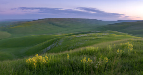Obraz premium Rolling green hills covered in yellow flowers under a clear sky.