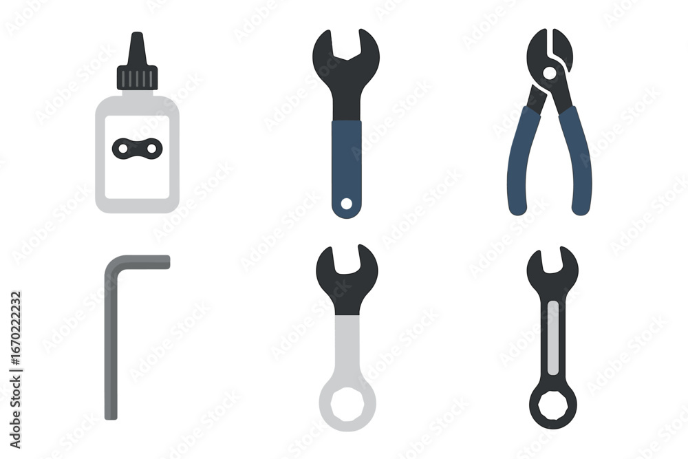 Poster vector outline icon set featuring essential tools for mechanical and diy tasks