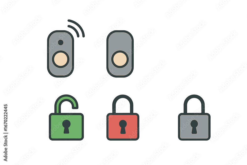 Poster vector outline icon set featuring various lock and unlock symbols with integrated buttons for securi