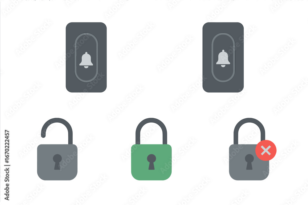 Poster vector outline icon set featuring notification bell and lock designs for user interface applications