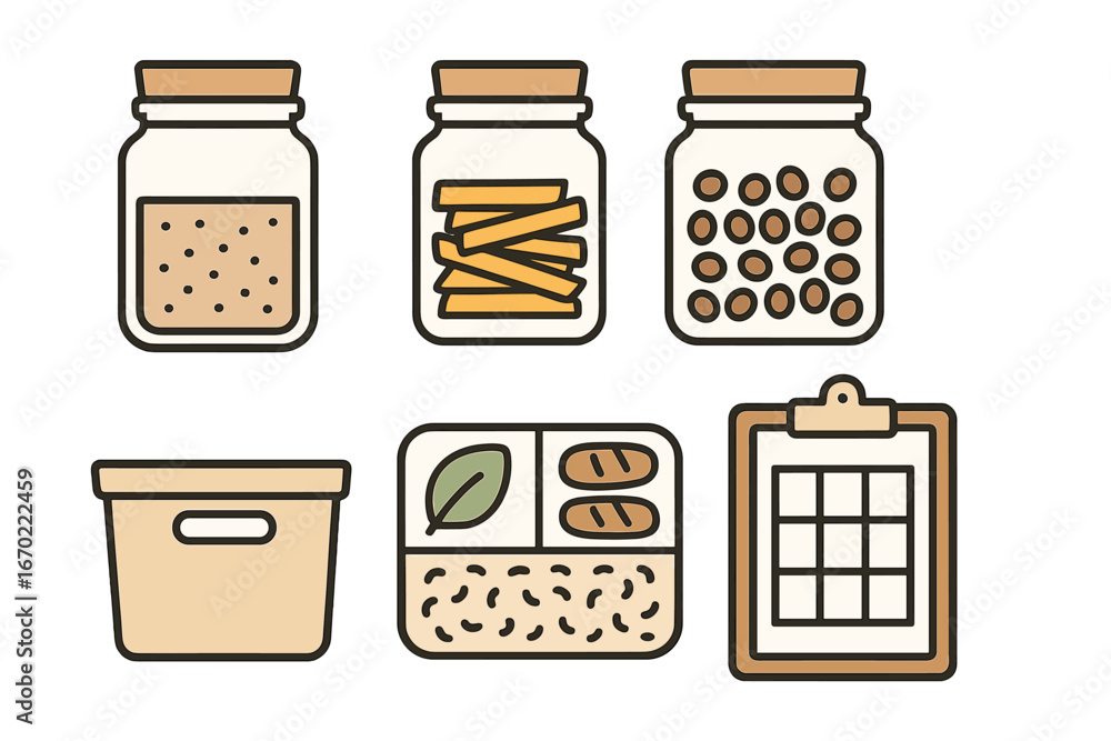 Poster vector outline icon set representing jars, containers, and food items suitable for digital design an