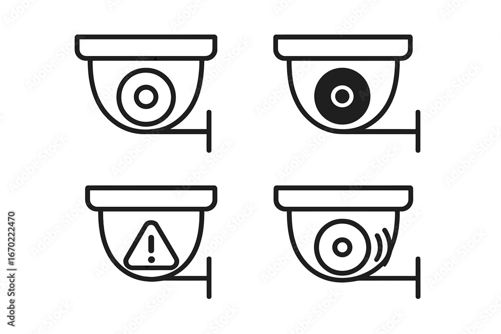 Poster Security camera vector outline icon set depicting various monitoring states with alerts and notifications for effective surveillance