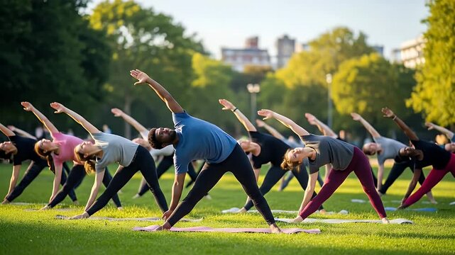 Group practices triangle pose outdoors on mats in a sunlit park