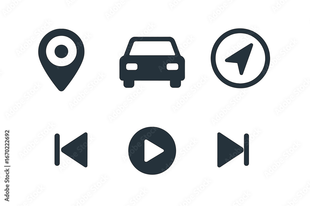 Poster vector outline icon set featuring navigation symbols, vehicles, and play controls for digital design