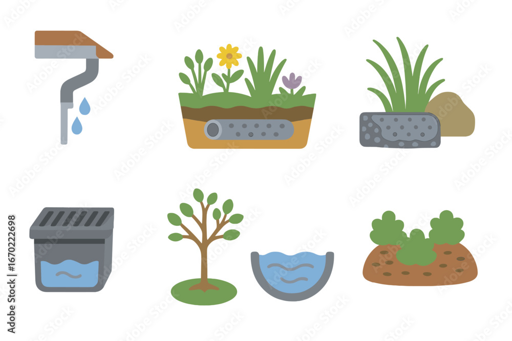 Poster vector outline icon set showcasing various rainwater management and landscaping elements for sustain