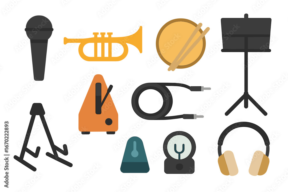 Poster Vector outline icon set showcasing various musical instruments and equipment for practice and performance