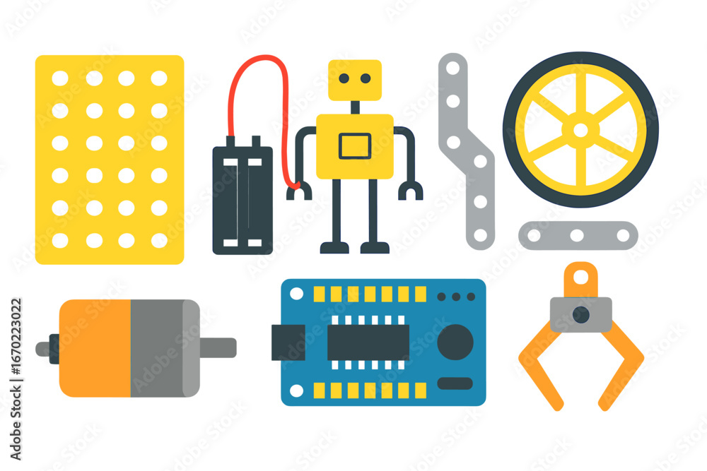 Poster vector outline icon set featuring robotics and engineering components for educational and creative p
