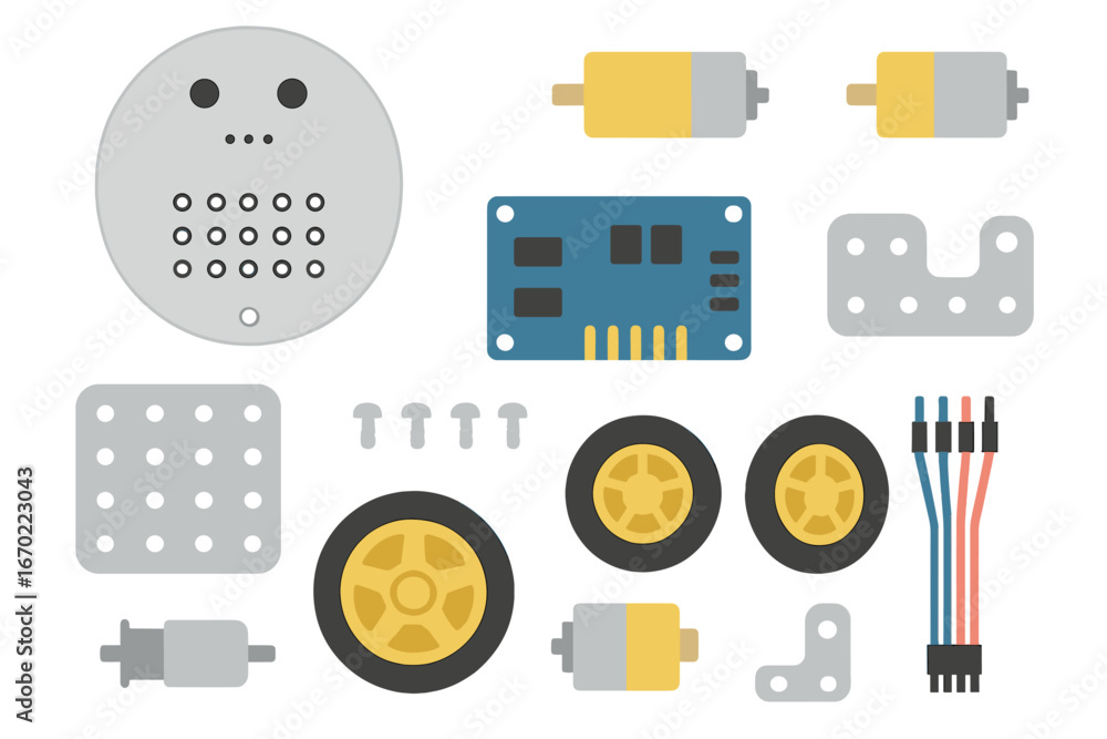 Poster vector outline icon set featuring various mechanical parts and electronic components commonly used i