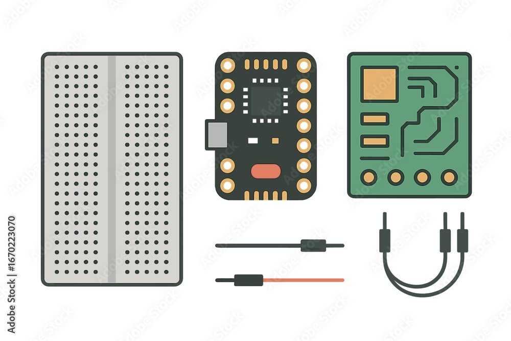 Poster vector outline icon set showcasing electronic components for circuit design and prototyping