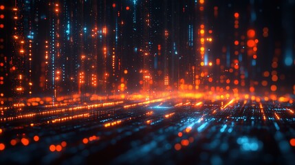 Obraz premium Abstract Digital Particles Background with Orange and Blue Lights