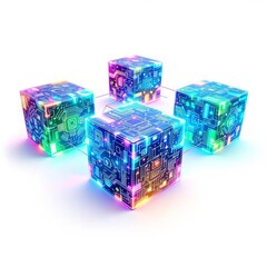 Digital network represented by interconnected cubes on white background