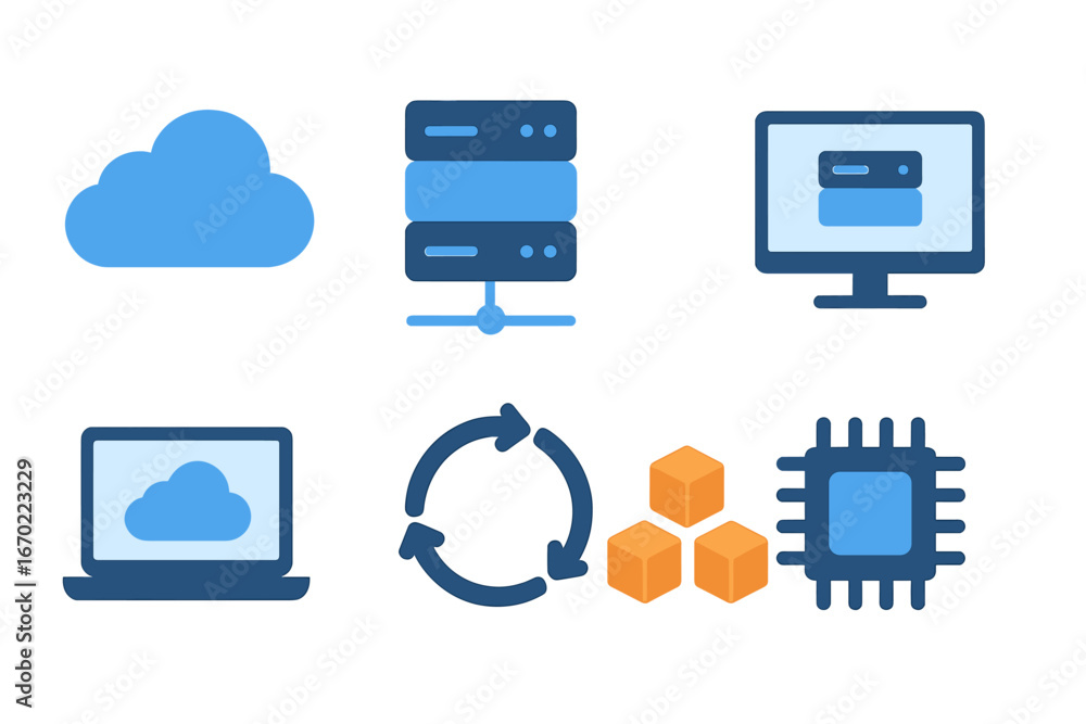 Poster vector outline icon set showcasing cloud computing, server management, and data processing concepts 