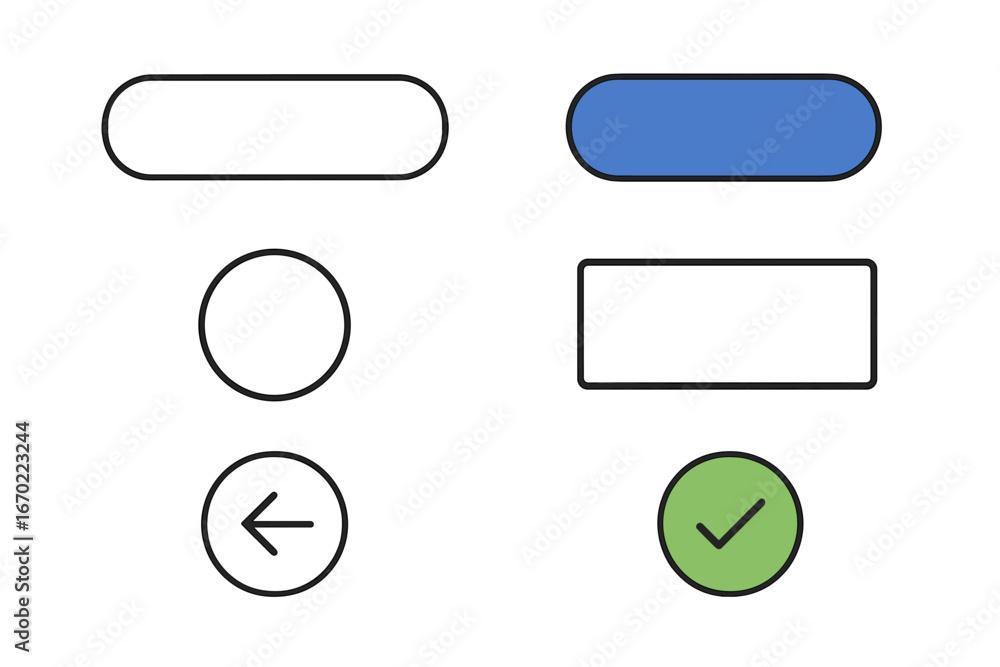 Aufkleber vector outline icon set featuring buttons, shapes, and indicators for user interface design